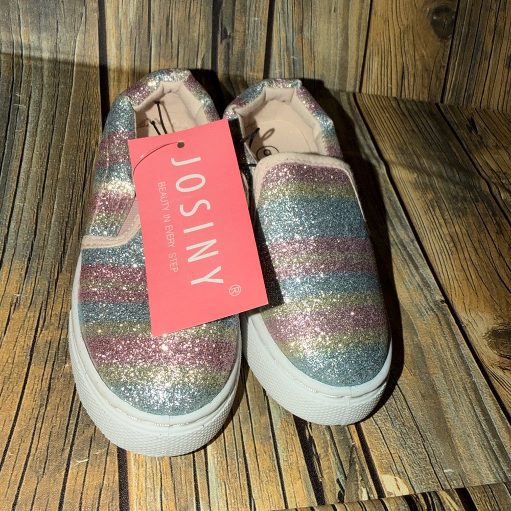 Josiny Kids Rainbow Glitter Slip‎ On Sneakers Striped Low Top Shoes Size 9 NEW